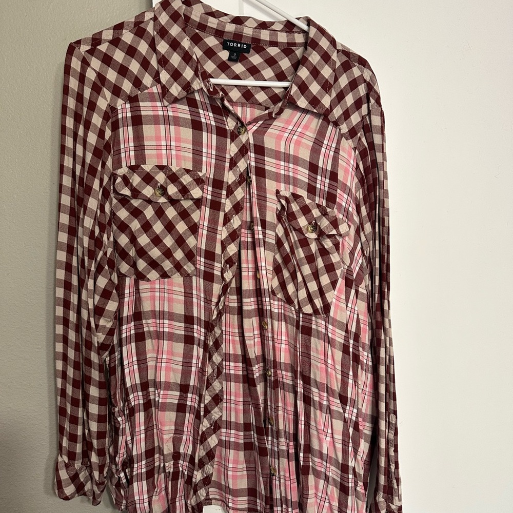 Torrid Burgundy and Pink Plaid Button-Front Shirt